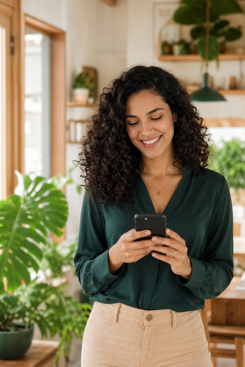 Mulher sorrindo enquanto usa o celular em um ambiente com plantas